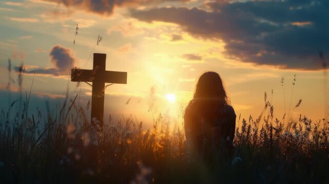 Silhouette of a woman at gravesite under an emotive sunset sky.