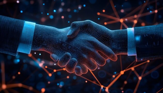Two hands, rendered in a digital wireframe style, are shown shaking in a deal; the background is dark with glowing orange and blue network connections.