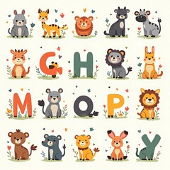Animals and Alphabet Letters Cartoon Illustration for Children