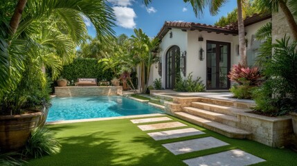 Sun-drenched Mediterranean-style home with a pristine swimming pool, lush landscaping, and stone pathways.  The backyard features a tranquil water feature and abundant tropical plants