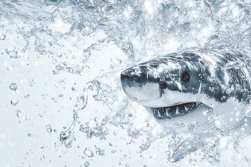 Naklejka premium Powerful Shark Leaping Through Water with Splashing with Force, and Marine Wildlife Concept.