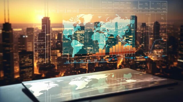 Aerial view of a cityscape at sunset with overlaid financial graphs. The video concept blends technology and urban life in a dynamic, futuristic style. Live desktop wallpaper. - Powered by Adobe