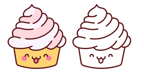 Cute kawaii cupcake character illustration set with coloring page version