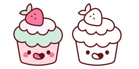 Cute Kawaii Strawberry Cupcakes Coloring Page and Illustration