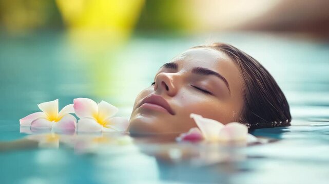 Woman face water flower spa relaxation beauty skin tropical wellness calm serene healthy natural peaceful fresh summer floating tranquil female portrait environment outdoor care