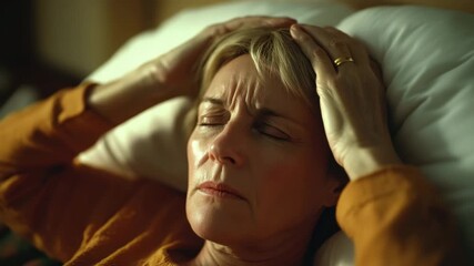 Woman headache pain stress adult indoor close up facial expression tired suffering holding head with closed eyes feeling stressed tired lying pillow warm light expressing discomfort fatigue middle - Powered by Adobe