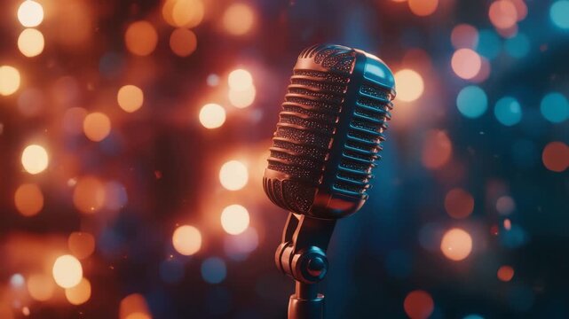 Vintage microphone with colorful bokeh lights background creating warm and cool tones vibrant atmosphere perfect for music sound audio stage performance concert events