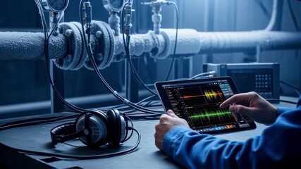 Engineering technician analyzing acoustic data from a cryogenic hydrogen pipeline leak detection system during a maintenance test loop.