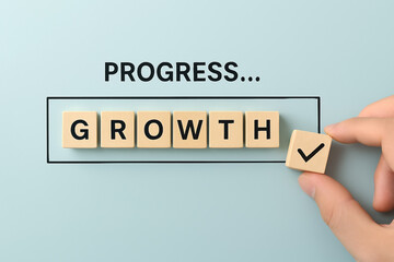Progress and Growth Concept Illustration – Hand Placing Checkmark Block Beside Wooden “GROWTH” Letters in Completion Bar with “PROGRESS...” Text Symbolizing Achievement, Development, and Success