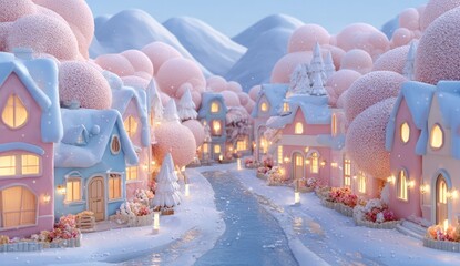 Pastel winter village scene.  Snowy, whimsical houses, light pink and pastel blue, with fluffy, rounded trees.  A flowing river winds through the village.  Soft light and gentle snow