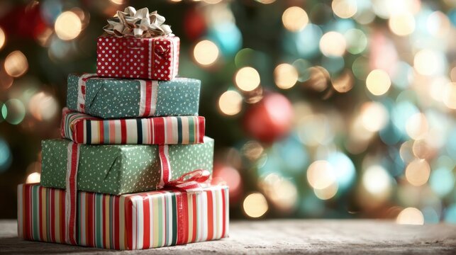 Colorful Christmas Presents Stacked Beside a Beautifully Decorated Holiday Tree With Twinkling Lights Shining in the Background