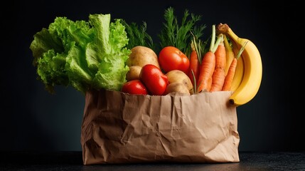 Paper bag filled with lettuce, tomatoes, potatoes, carrots, bananas, dill on dark background