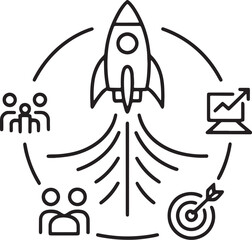 Rocket launch with business icons symbolizing growth, teamwork, strategy, and success. Concept illustration for startups