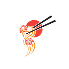 Shrimp noodles with chopsticks, asian noodles