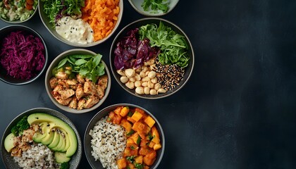 The image shows multiple bowls containing various healthy foods such as rice, vegetables, avocado, and protein, arranged on a dark background.