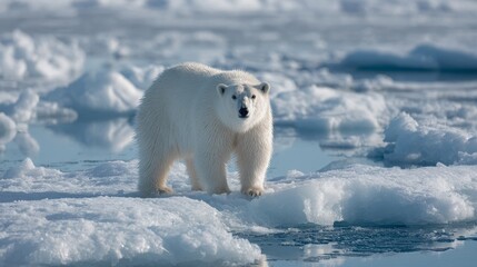 Urso polar solitário isolado em uma placa de gelo cercado por água. Conceito de crise climática.