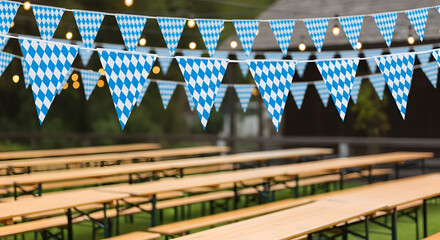Oktoberfest Celebration: Bavarian Bunting Flags and Empty Beer Garden Tables Ready for Festivities