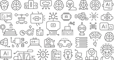 Modern vector line icons illustrating key concepts of Artificial Intelligence, Machine Learning, Robotics, Big Data, and the evolving digital technology landscape