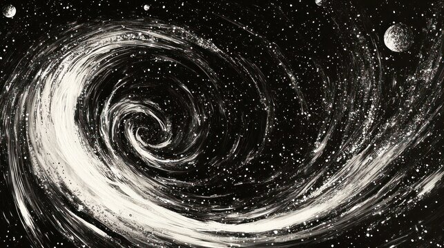 A swirling galaxy with stars and planets, depicting the vastness of space.