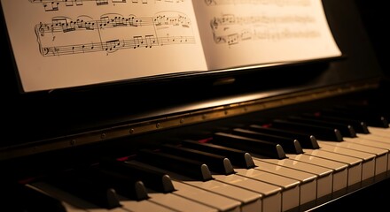 Close-up of a piano with sheet music, showcasing the keys and musical score.