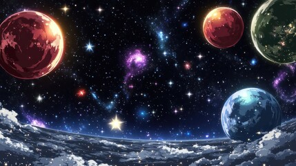 A vibrant cosmic scene featuring colorful planets and a starry background.