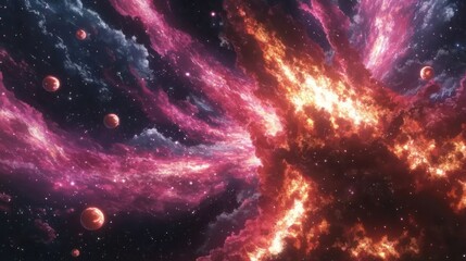 A vibrant cosmic scene with swirling colors and celestial bodies.