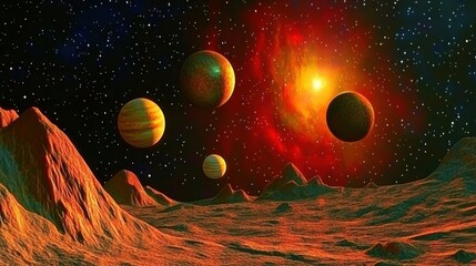 A vibrant cosmic scene featuring planets and a star against a colorful nebula backdrop.