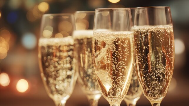 and keyword list based on the image you provided

 Champagne flutes filled, bubbling & toasting, close-up with festive blurred background indoors.