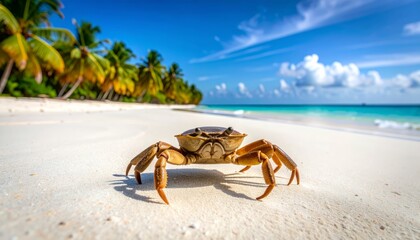 A coconut crab walks along a tropical white sand beach toward clear turquoise water during the day.