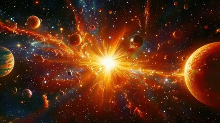 A vibrant cosmic explosion surrounded by planets and stars, illustrating the beauty of space.