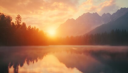 Fototapeta premium The sun rises over a tranquil lake, its reflection shimmering on the water's surface, surrounded by lush forests and imposing mountains.