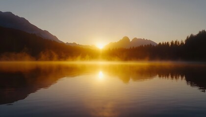 The sun rises behind a mountain range, its light reflecting on a calm lake covered in morning fog.
