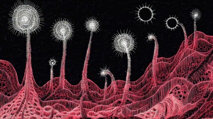 Abstract representation of organic structures with a surreal, vibrant landscape.