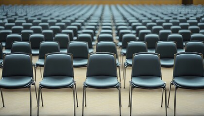 Naklejka premium The image shows numerous gray chairs arranged in neat rows inside a large, empty hall, likely a conference center or auditorium.
