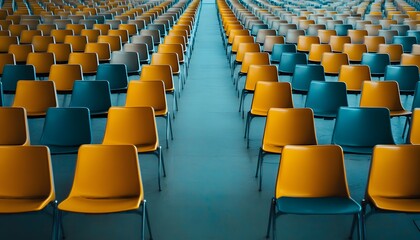 Fototapeta premium Many empty chairs, teal and gold in color, are arranged in rows inside a large room with a blue floor.