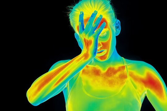Infrared thermal portrait with hand on forehead, false color heat map