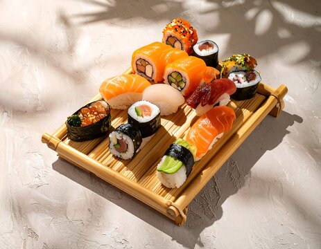 Colorful sushi on bamboo board with fresh fish, rice, and vegetables under soft light. - Powered by Adobe