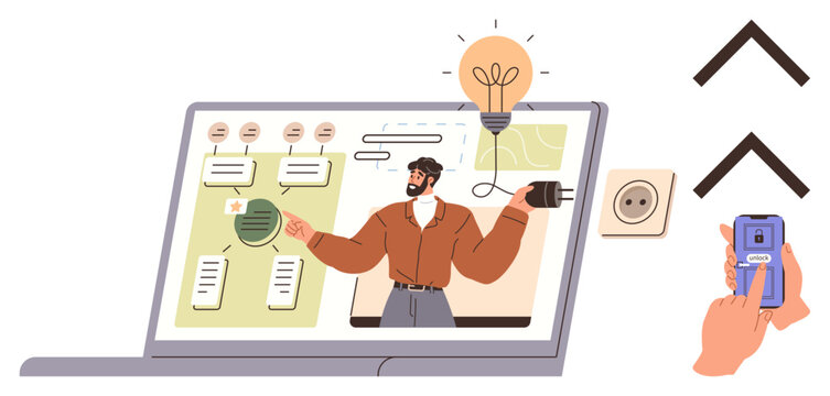 Presenter sharing ideas on energy usage and solutions via a laptop screen. Light bulb imagery, plug, outlet, and smartphone app signify innovation, sustainability, and remote interaction. Ideal