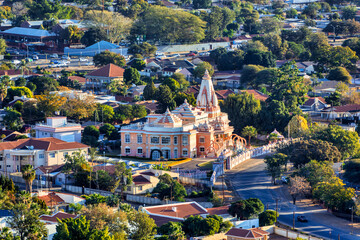aerial view of indian hindu temple Gaborone capital of Botswana, residential neighborhood , houses...