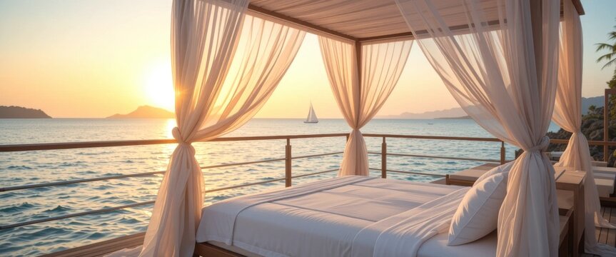 A serene beachfront setting with a cozy bed draped in sheer curtains, overlooking calm waters and a sunset, creating a peaceful atmosphere.