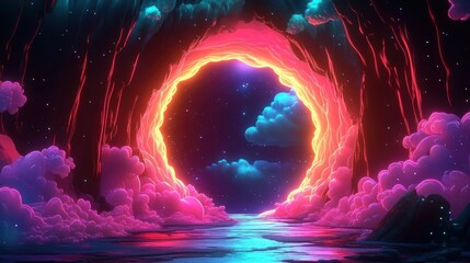 A vibrant, surreal landscape featuring a glowing circular portal surrounded by colorful clouds.