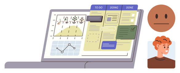 Open laptop displaying progress reports and task boards labeled To Do, Doing, and Done. Two faces depicting emotions. Ideal for productivity, planning, workflow, remote work, data analysis digital © robu_s