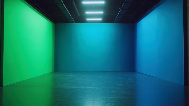 Empty room with green and blue walls and reflective floor under bright ceiling lights creating calm modern atmosphere with industrial ceiling design and light reflections