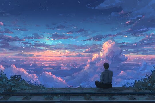Serene Man Contemplating Sunset Over Clouds on Train Tracks  Anime Style.