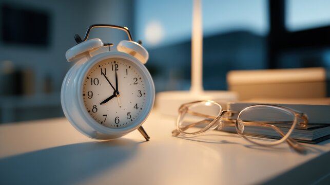 Alarm clock sitting on desk at night, beside glasses and books in a home office