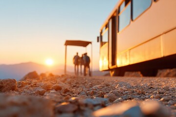 Sunset silhouettes of travelers waiting at bus stop on rocky roa