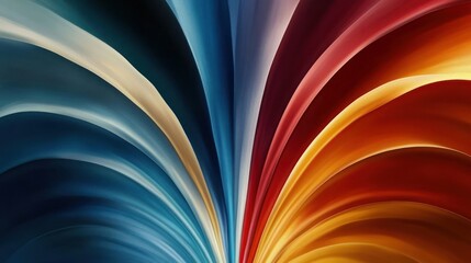 A vibrant abstract design featuring flowing shapes in blue, orange, and red hues.