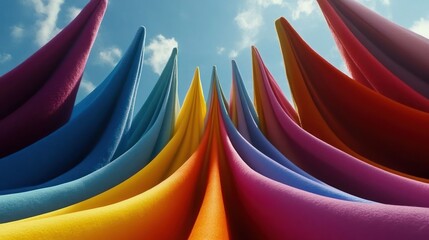 A vibrant display of colorful fabric folds against a bright sky.