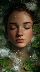 Fototapeta premium Serene Water Scene with White Bubbles and Green Leaves Floating Peaceful Atmosphere