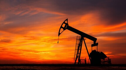 Black pump jack silhouette. Oil and gas industry equipment against sunset sky clouds background